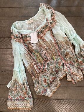 Zimmermann Mint Green Floral Boho Peasant Blouse